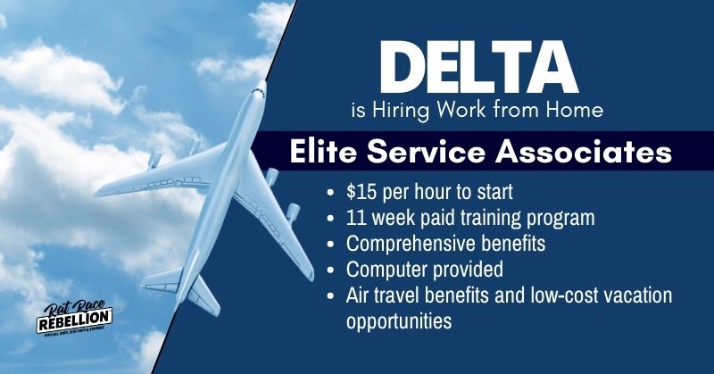 Delta is Hiring Work from Home Elite Service Associates - $15 per hour to start, 11 week paid training program, Comprehensive benefits, Computer provided, Air travel benefits and low-cost vacation opportunities